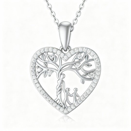 Colar com pendente Árvore da Vida, Mãe e Coração em ouro branco 10K com moissanita