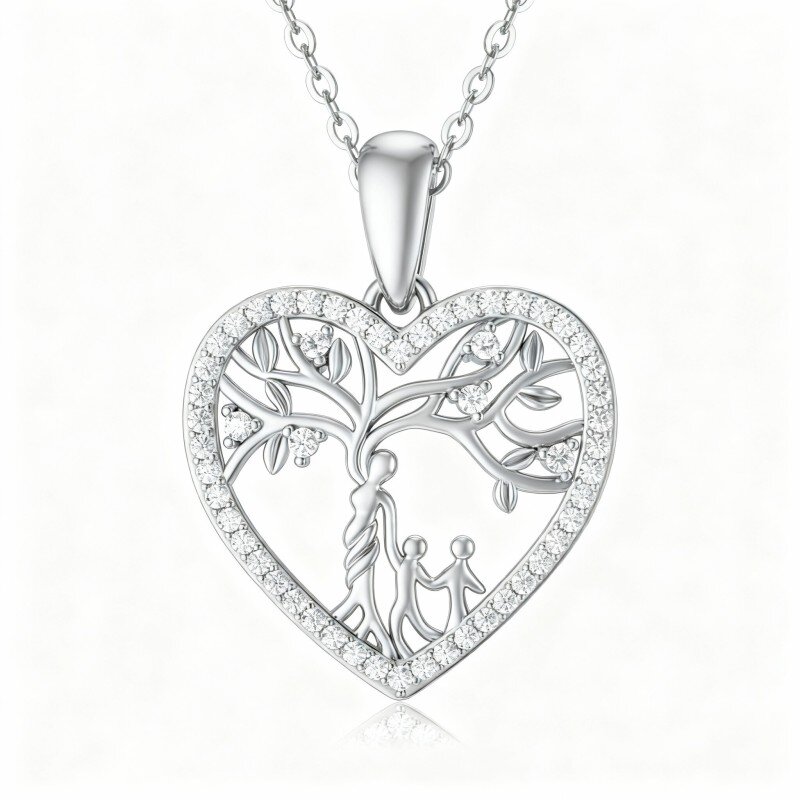 Colar com pendente Árvore da Vida, Mãe e Coração em ouro branco 10K com moissanita-3