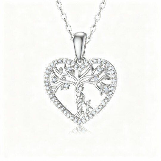 10K White Gold Moissanite Tree Of Life & Mother Pendant Necklace