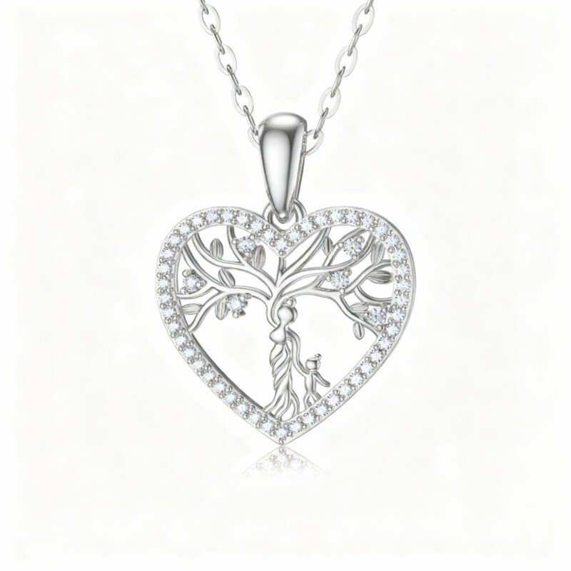 10K White Gold Moissanite Tree Of Life & Mother Pendant Necklace-7