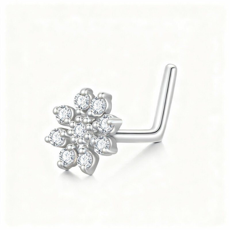 Piercing de nariz em ouro branco de 10 quilates com moissanita e flores silvestres-12