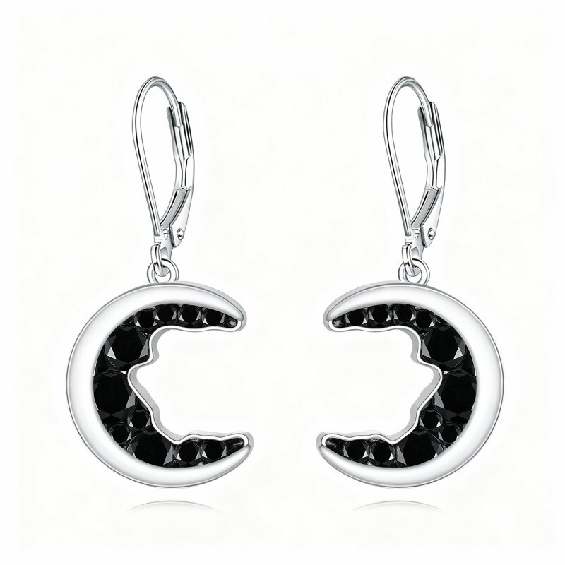 10K White Gold Cubic Zirconia Moon Lever-back Earrings-1