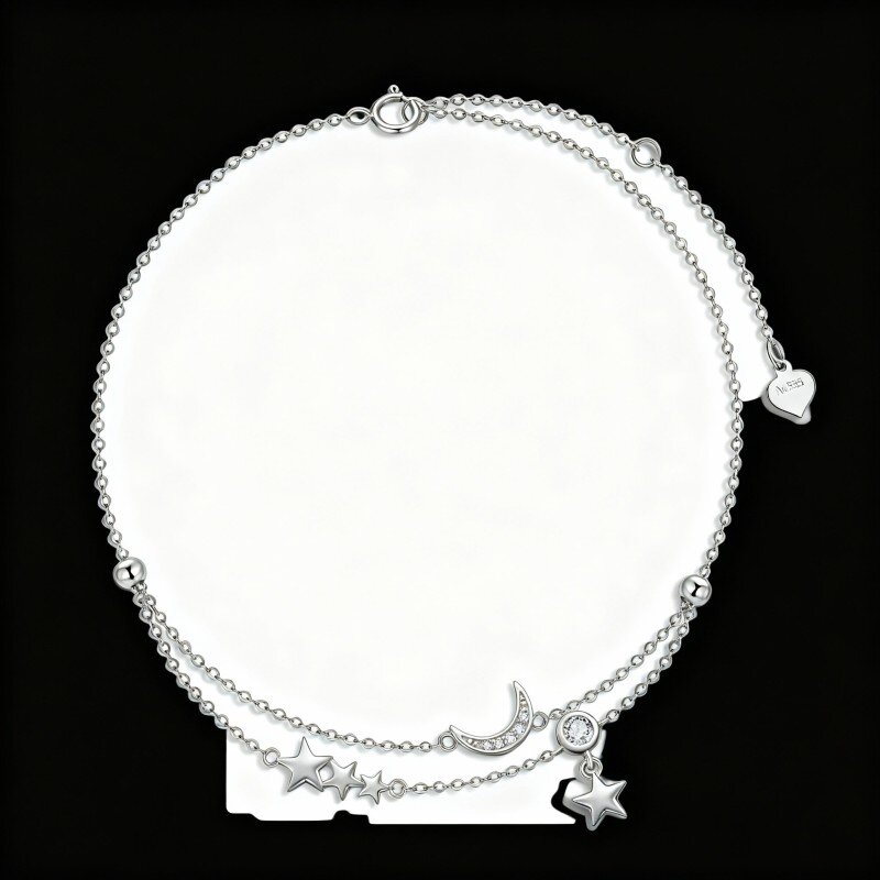 Bransoletka na kostkę z 10-karatowego białego złota z cyrkonią sześcienną i wielowarstwowym księżycem-2