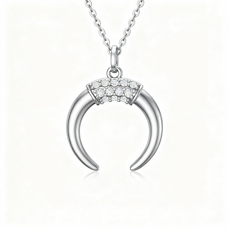 Collier pendentif lune en or blanc 10 carats et zircon cubique-4