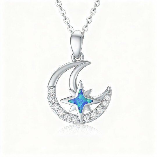 10K White Gold Cubic Zirconia Moon Pendant Necklace