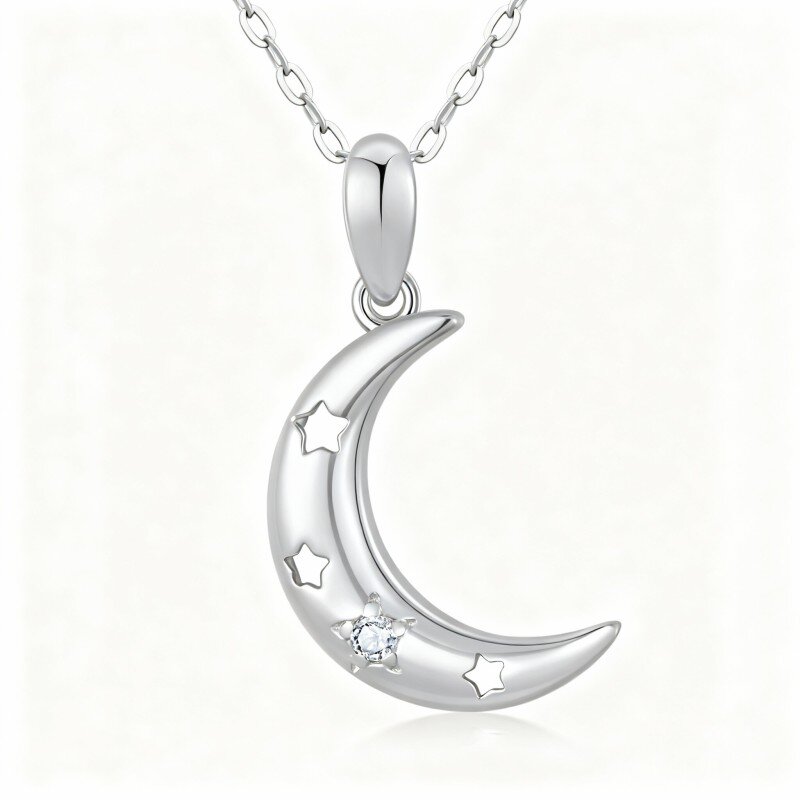 Colar com pendente de lua em ouro branco 10K e zircónias cúbicas-3