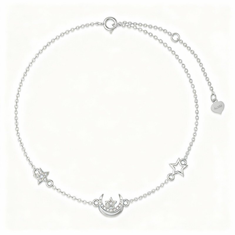 Pulseira com pendente de lua e pentagrama em ouro branco 10K com zircónias cúbicas-19