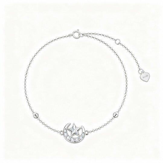 10K White Gold Cubic Zirconia Moon & Star Charm Bracelet