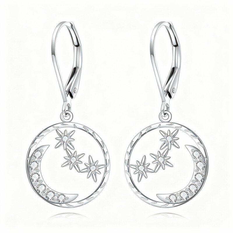 Brincos em ouro branco 10K com zircónias cúbicas em forma de lua e estrela.-2