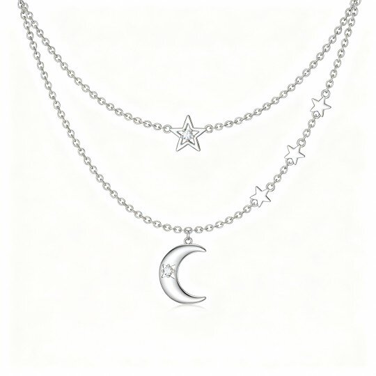 Colar em camadas com lua e estrela em ouro branco 10K e zircónias cúbicas