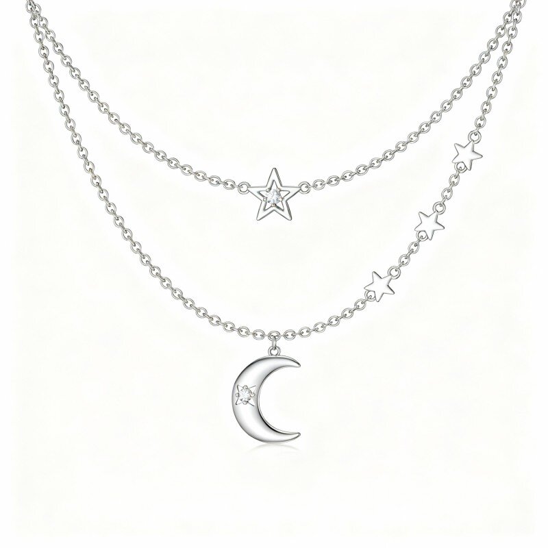 Colar em camadas com lua e estrela em ouro branco 10K e zircónias cúbicas-1