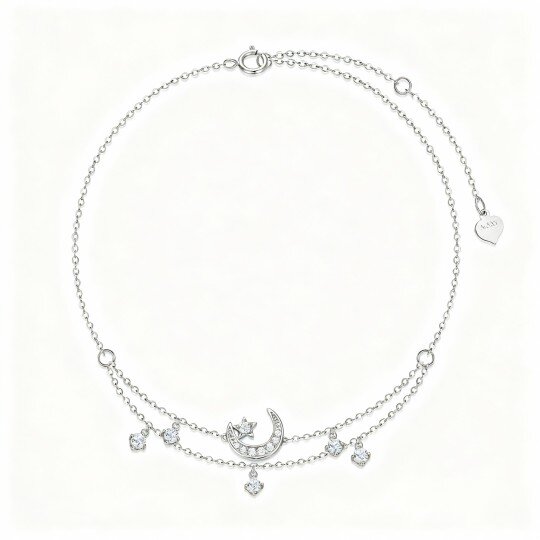 Tobillera de oro blanco de 10 quilates con circonitas cúbicas, diseño de luna y estrella con múltiples capas y dijes.