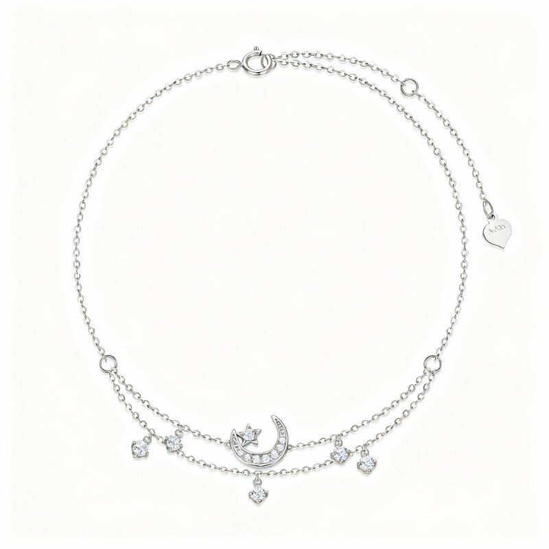 Tobillera de oro blanco de 10 quilates con circonitas cúbicas, diseño de luna y estrella con múltiples capas y dijes.-1