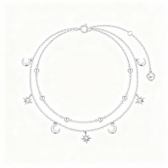 Enkelbandje met meerdere lagen en maan van 10 karaat witgoud met bedel