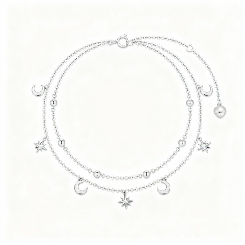 Tobillera de oro blanco de 10 quilates con dije multicapa de luna y estrella-2