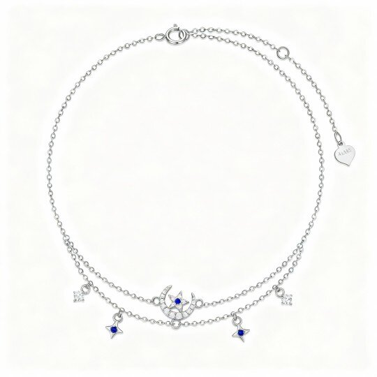 10K White Gold Cubic Zirconia Moon & Star Multi-layered Charm Anklet