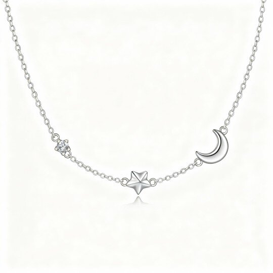 Colar com pendente de lua e estrela em ouro branco 10K com zircónias cúbicas