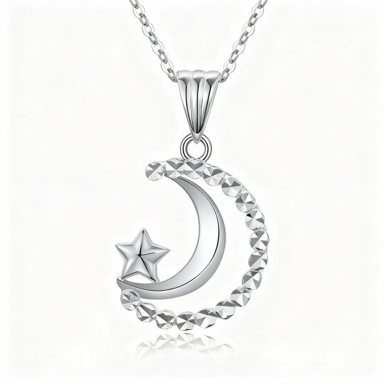 Colar com pendente de lua e estrela em ouro branco 10K
