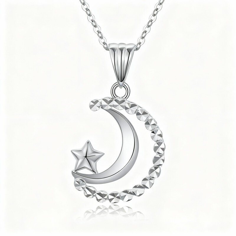 Colar com pendente de lua e estrela em ouro branco 10K-15