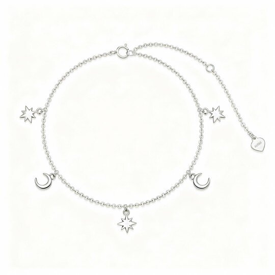 10K White Gold Moon & Star Single Layer Charm Anklet