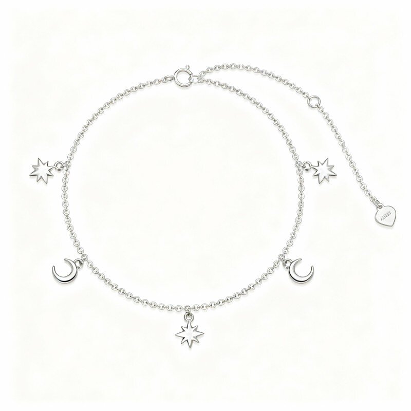 10K White Gold Moon & Star Single Layer Charm Anklet-2