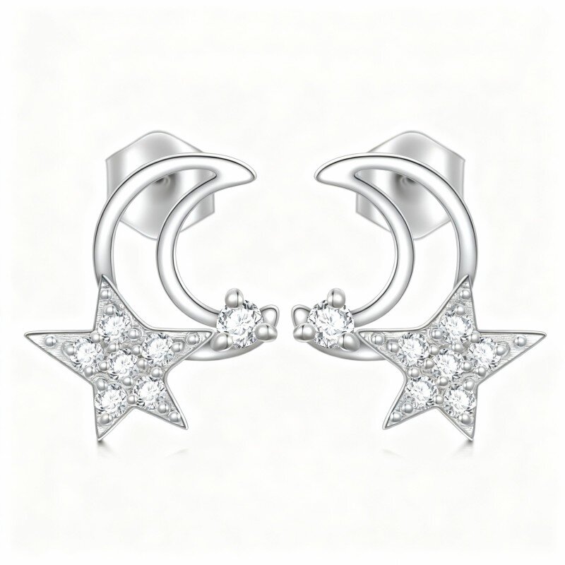 10K White Gold Cubic Zirconia Moon & Star Stud Earrings-8
