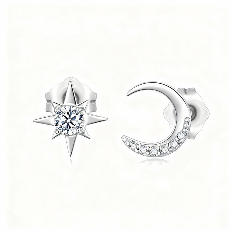 Brincos lua e estrela em ouro branco 10K com zircónias cúbicas-11