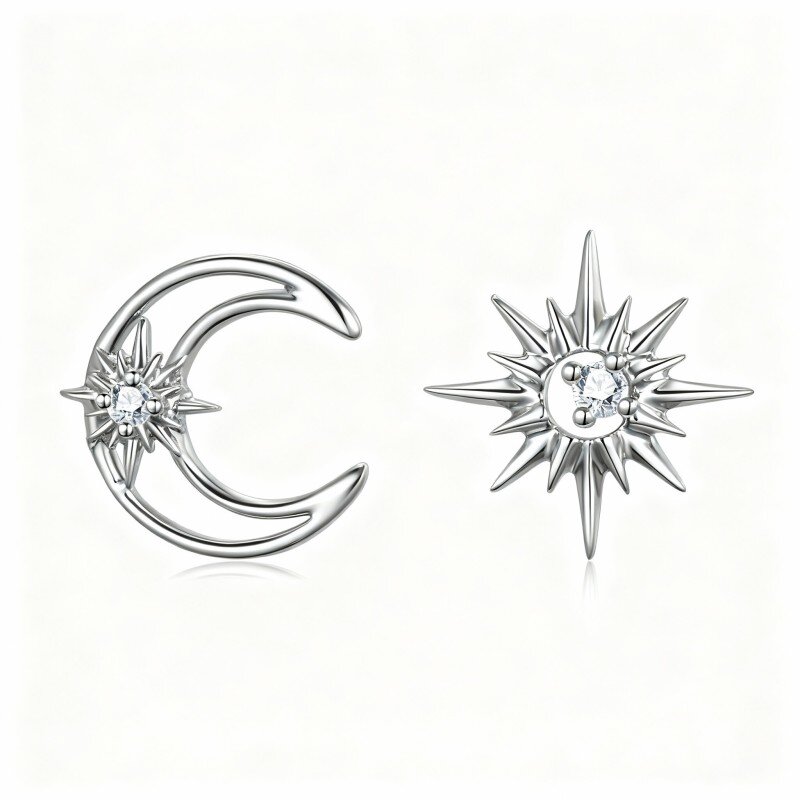 Brincos lua e estrela em ouro branco 10K com zircónias cúbicas-12