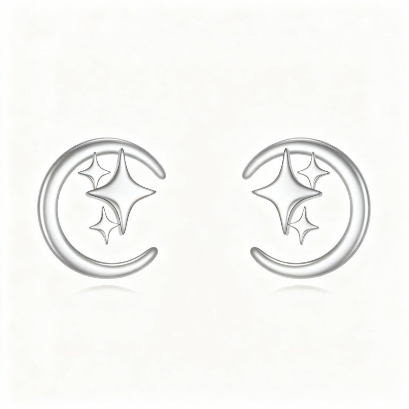 Brincos lua e estrela em ouro branco 10K-13