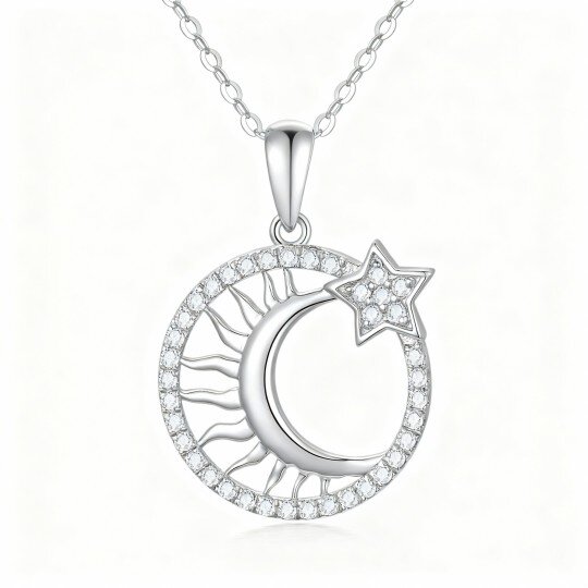 10K White Gold Cubic Zirconia Moon & Sun Pendant Necklace