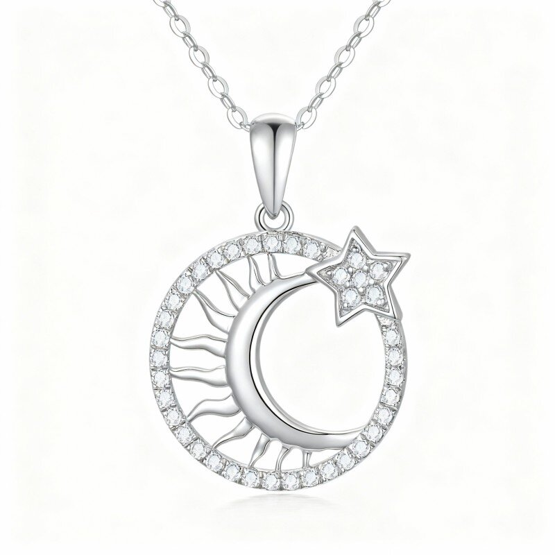 10K White Gold Cubic Zirconia Moon & Sun Pendant Necklace-6