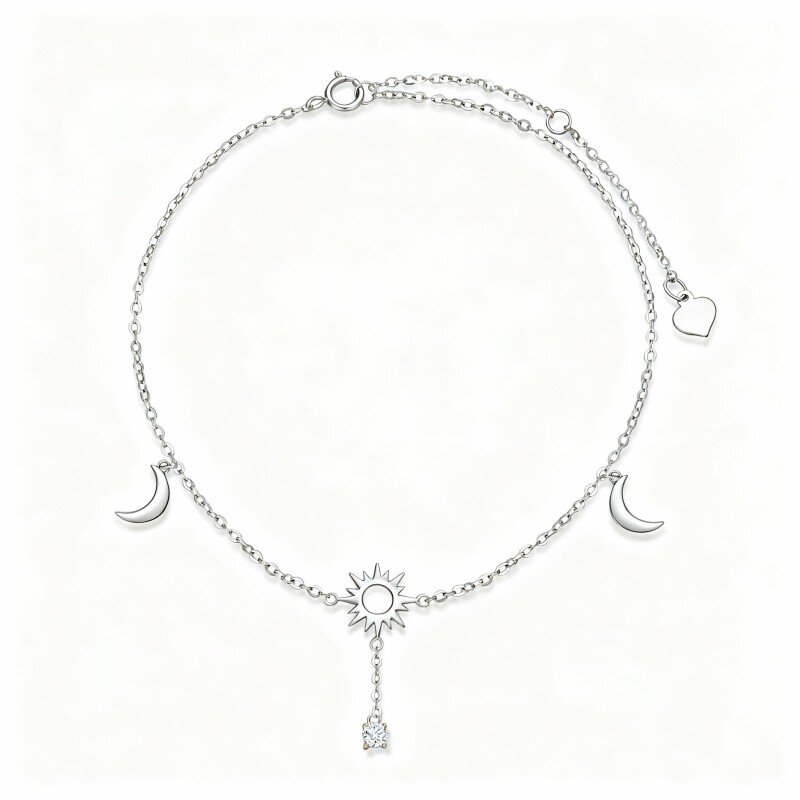 10K White Gold Cubic Zirconia Moon & Sun Single Layer Charm Anklet-9