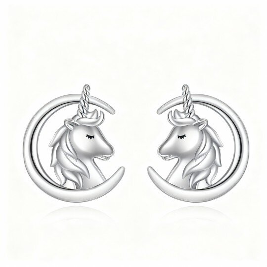 أقراط من الذهب الأبيض عيار 10 قيراط بتصميم قمر ووحيد القرن