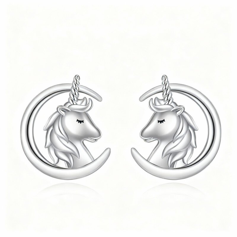 Brincos em ouro branco 10K com lua e unicórnio-19