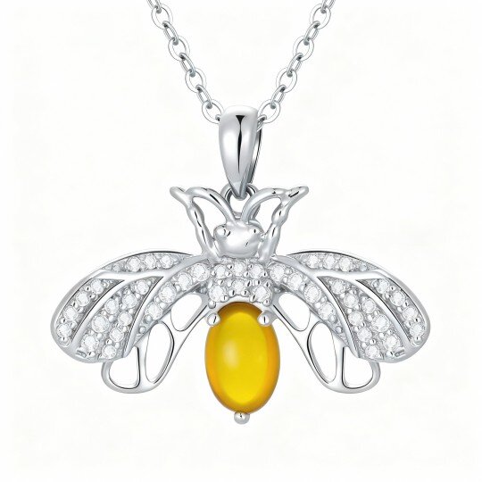 Colar com pendente de abelha em ouro branco 10K com zircónias cúbicas e pedra da lua