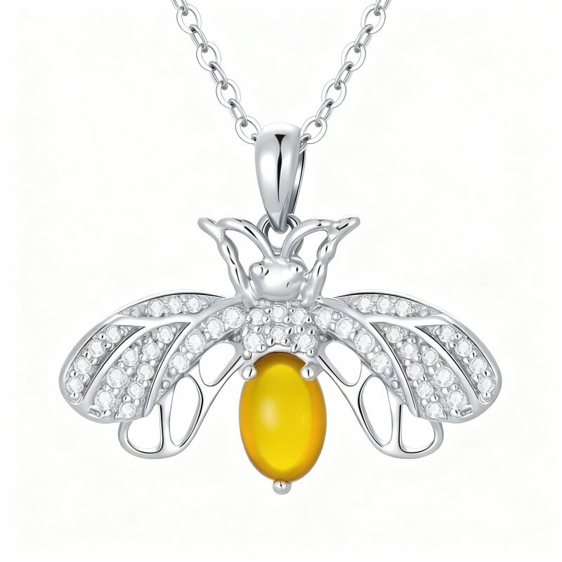 Colar com pendente de abelha em ouro branco 10K com zircónias cúbicas e pedra da lua-3