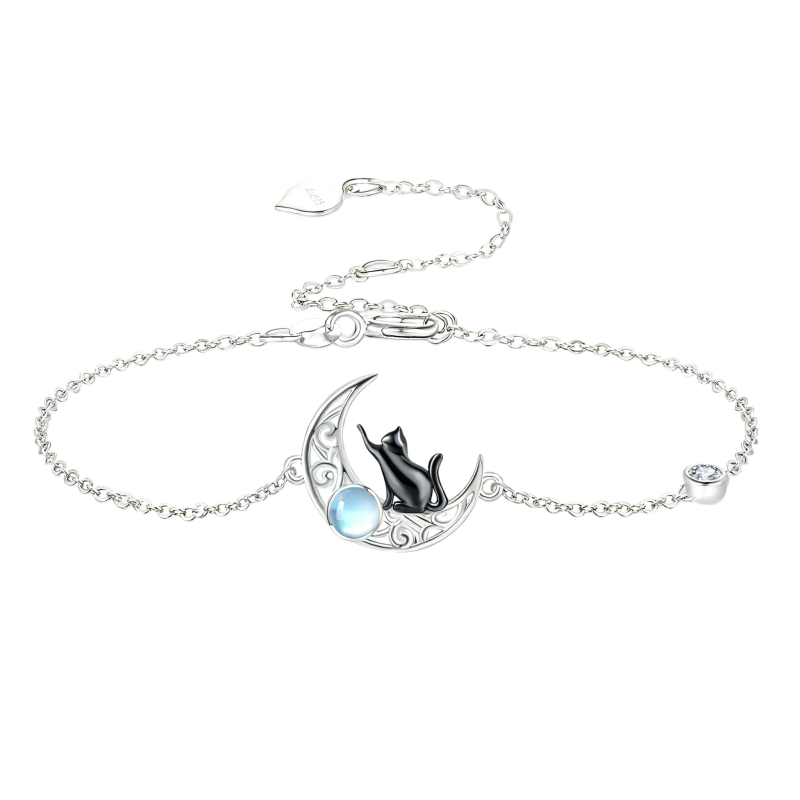 Bracelet en or blanc 10 carats avec breloques chat et lune et pierre de lune-5