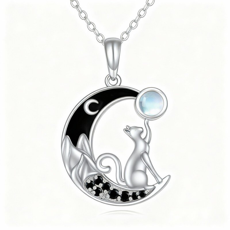 Colar com pendente gato e lua em ouro branco 10K com zircónias cúbicas e pedra da lua-2