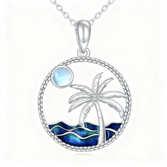 Colar com pendente de coqueiro, lua e spray em ouro branco 10K com pedra da lua e árvore de coqueiro.