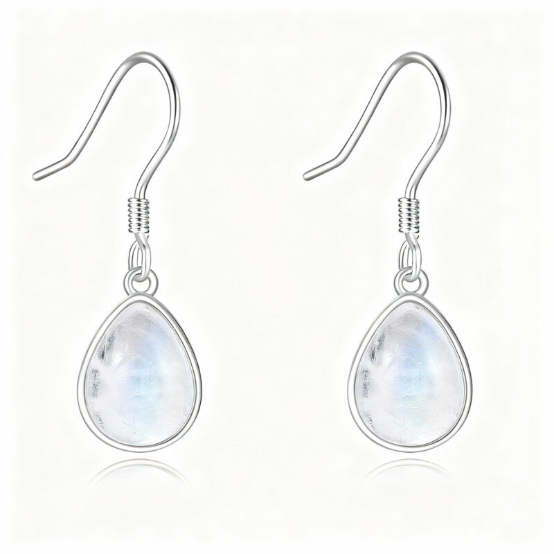 10K White Gold Moonstone Drop Shape Drop Earrings-11
