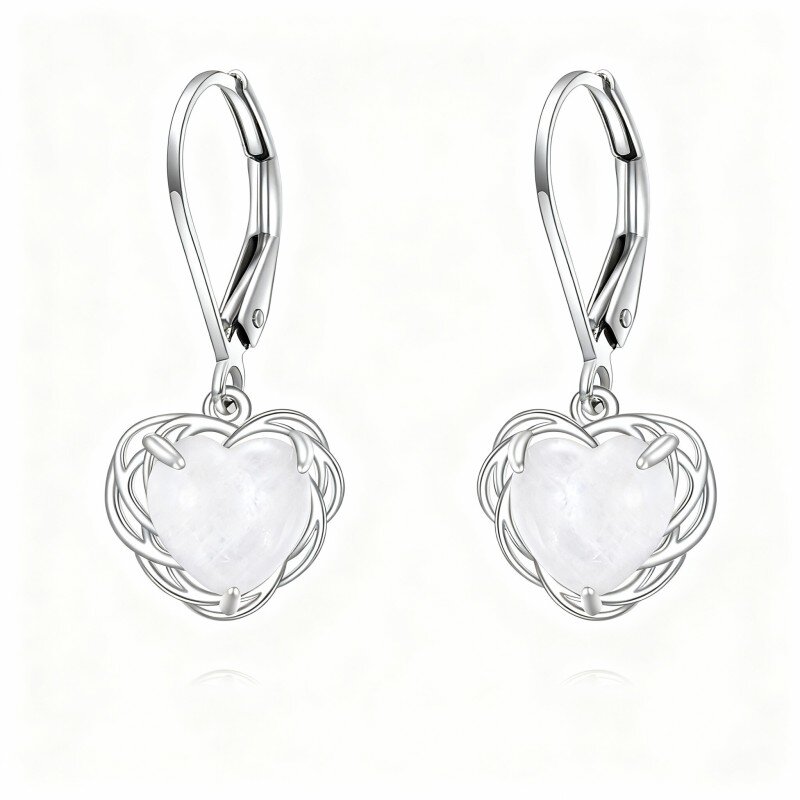 10K White Gold Moonstone Heart Drop Earrings-15