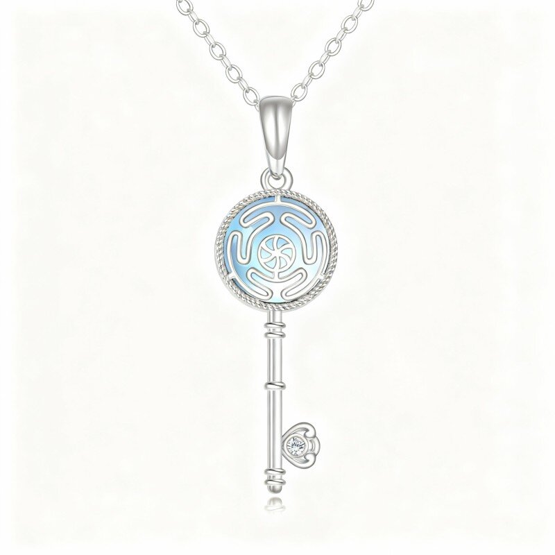 10K White Gold Cubic Zirconia & Moonstone Key Pendant Necklace-1