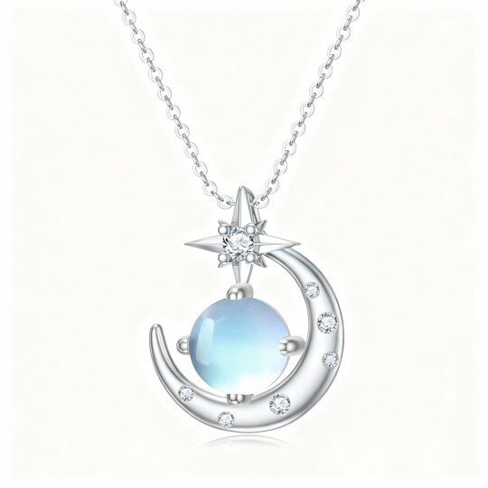 Colar com pendente de lua e estrela em ouro branco 10K com zircónias cúbicas e pedra da lua