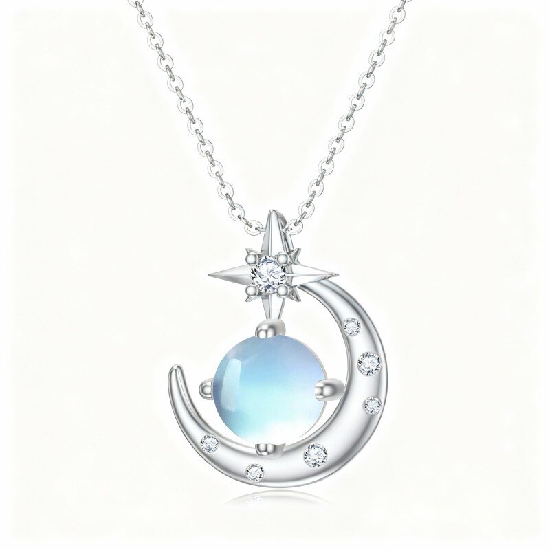 Naszyjnik z wisiorkiem w kształcie księżyca i gwiazdy z 10-karatowego białego złota z cyrkoniami sześciennymi i kamieniem księżycowym-15