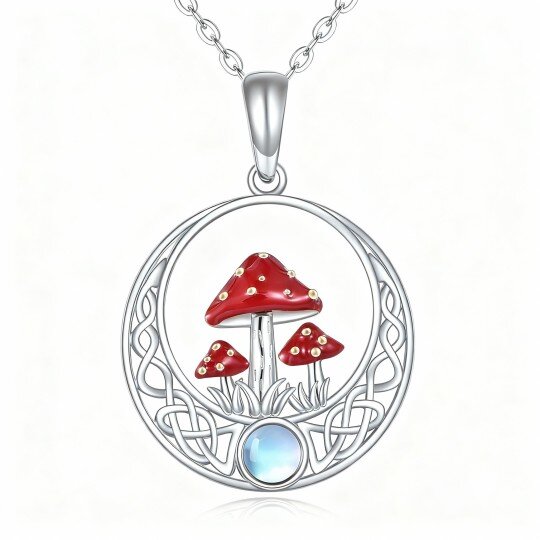 Colar com pendente de cogumelo e nó celta em ouro branco 10K com pedra da lua