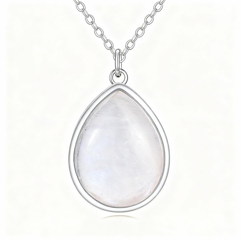 Collana con ciondolo ovale in pietra di luna in oro bianco 10K-19