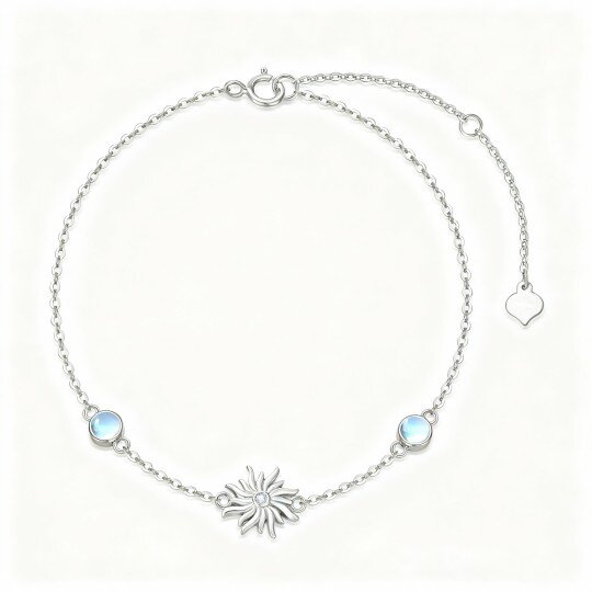 Pulseira com pendente girassol em ouro branco 10K, zircónias cúbicas e pedra da lua.