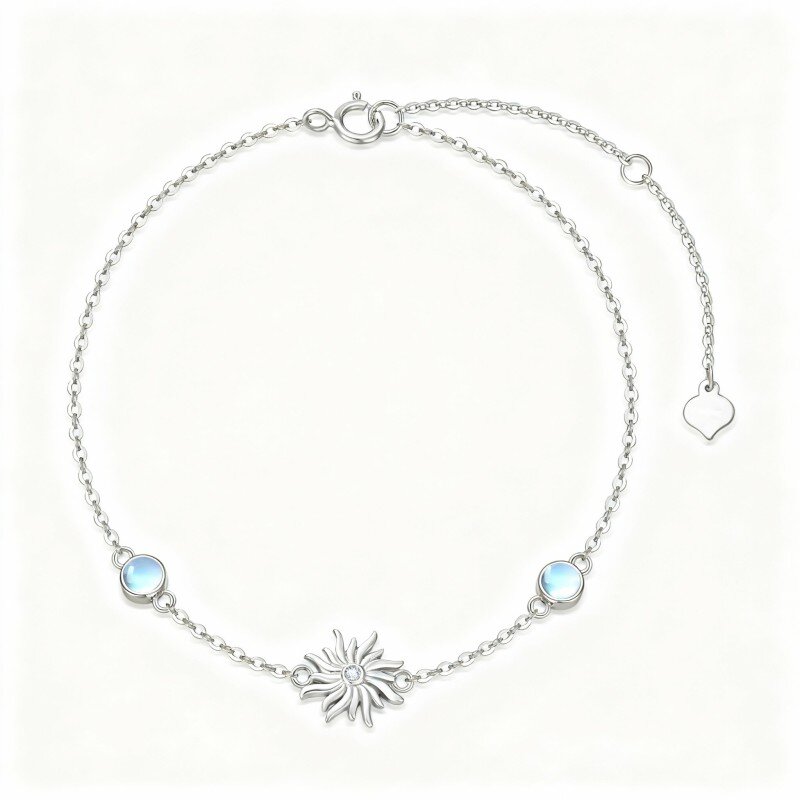 Pulseira com pendente girassol em ouro branco 10K, zircónias cúbicas e pedra da lua.-4