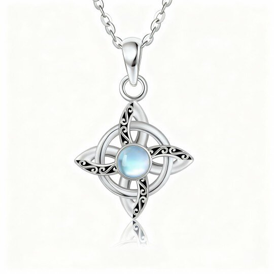 Colar com pendente de nó de bruxa em ouro branco 10K e pedra da lua