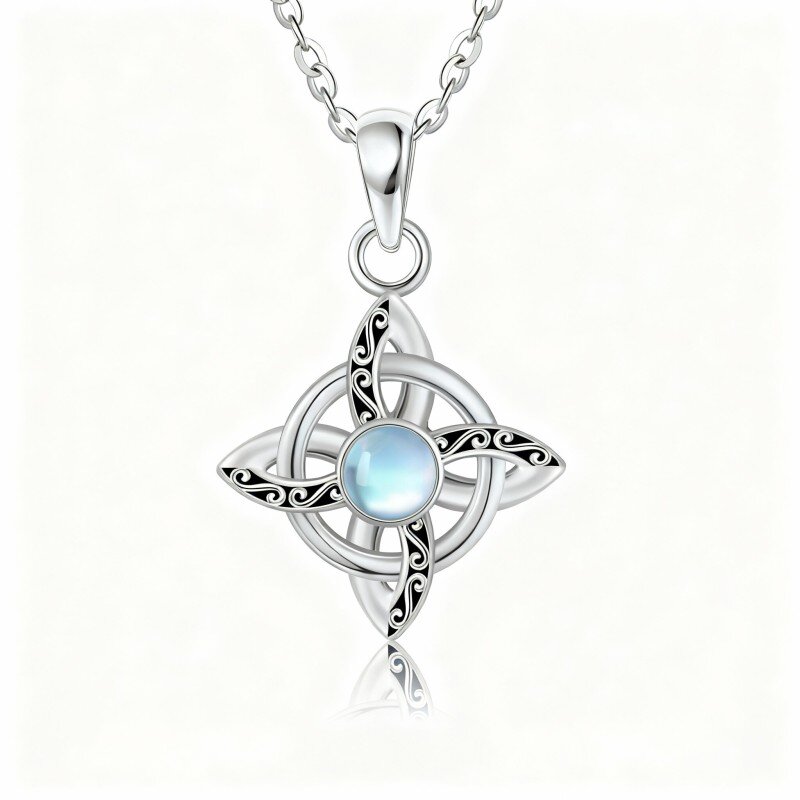 Colar com pendente de nó de bruxa em ouro branco 10K e pedra da lua-20